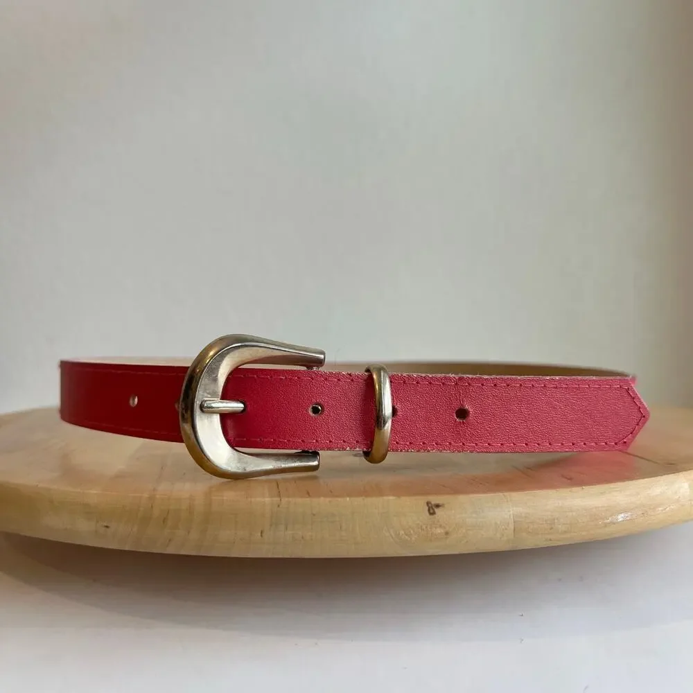 Vintage 90s Pink Vegan Leather Gold Silver Buckle Belt Size Small
